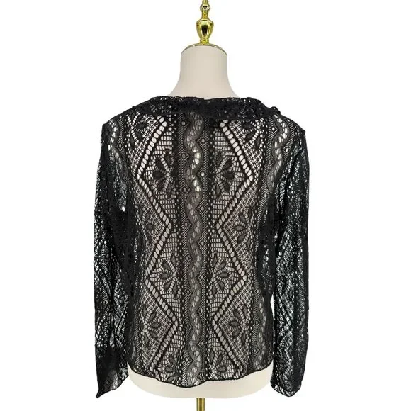 Vintage J. Jill Lace Cardigan Large Petite Black Sheer Ruffle Long Sleeve Boho - Picture 8 of 12